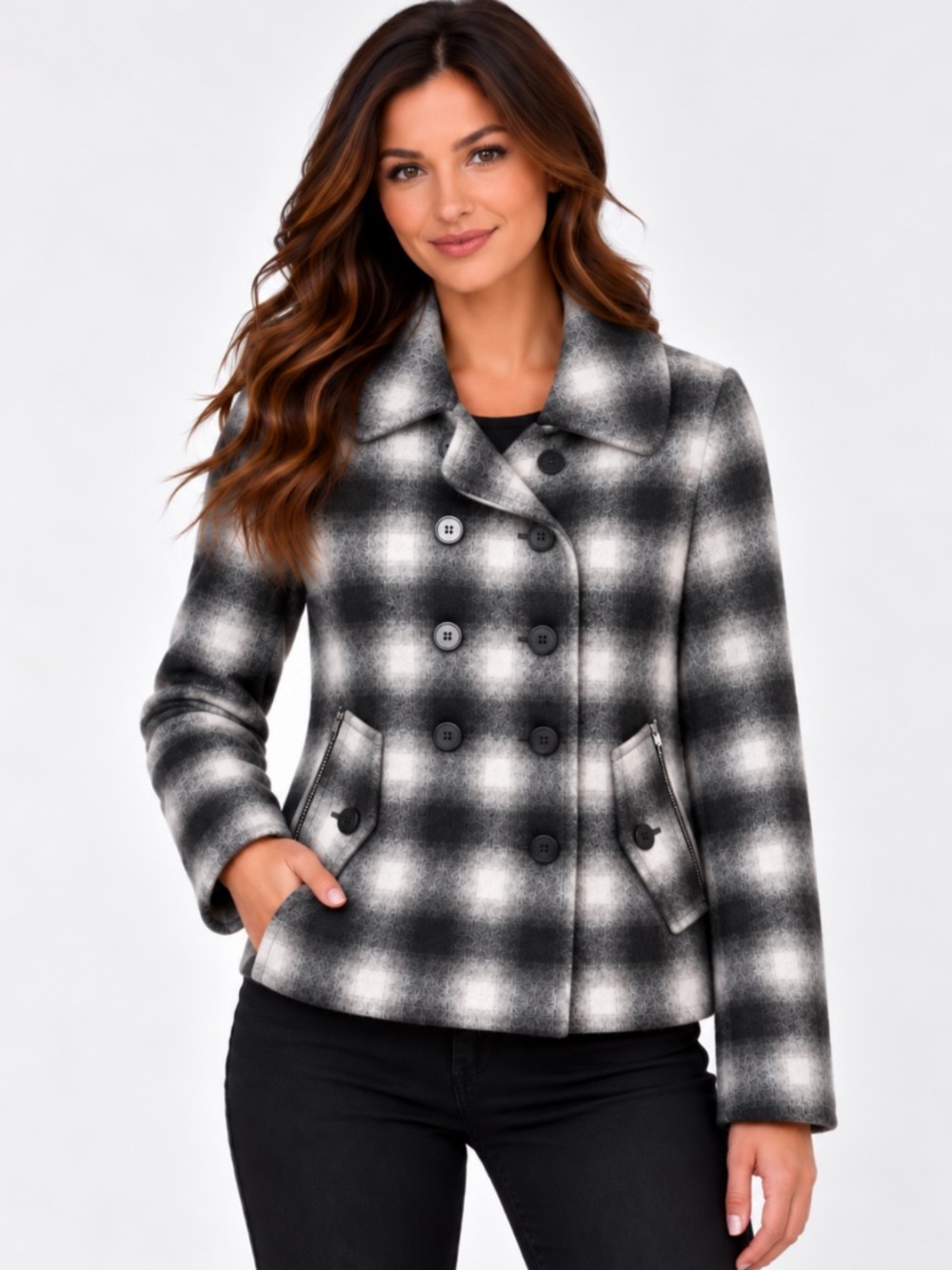 GAP Black White Plaid Double-Breasted Peacoat Wool Blend Coat — XS